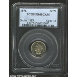 1876 3CN PR65 Cameo PCGS. This golden patinated Gem sparkles in the fields and reveals pleasing mint