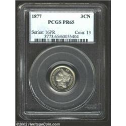 1877 3CN PR65 PCGS. Some golden tinting appears to drift toward the denticles at certain angles. Oth