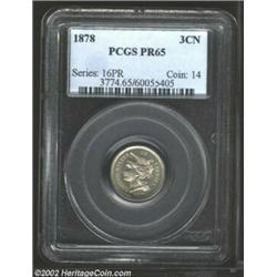 1878 3CN PR65 PCGS. An always-popular issue, this golden-gray Gem displays more or less contrast bet