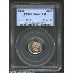 1878 3CN PR66 Cameo PCGS. This is a wonderful example of this scarce, proof-only date. With a mere 2