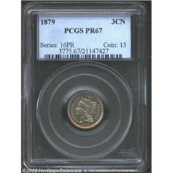 1879 3CN PR67 PCGS. Rich olive-orange toning yields to softer champagne and powder-blue shadings in.