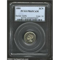 1880 3CN PR65 Cameo PCGS. An essentially untoned example, there are no blemishes that would call int