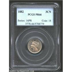 1882 3CN PR66 PCGS. Frosted devices and a sharp strike characterize this lovely specimen. A delicate