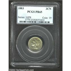 1883 3CN PR65 PCGS. A fully struck gem with toning that conceals the flash of the luster underneath.