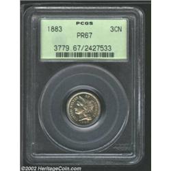 1883 3CN PR67 PCGS. A razor-sharp Superb Gem that has seemingly pristine surfaces and beautiful stre