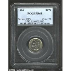 1886 3CN PR65 PCGS. Consistently lustrous with rich steel-gray surfaces gradually turning golden at.