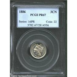 1886 3CN PR67 PCGS. A lightly toned and essentially pristine Superb Gem. A well struck and beautiful