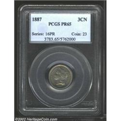 1887 3CN PR65 PCGS. Mildly reflective surfaces are accented by light golden shades on the obverse an