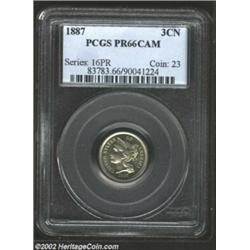 1887 3CN PR66 Cameo PCGS. Bold devices contrast against reflective fields. This piece is the finest.