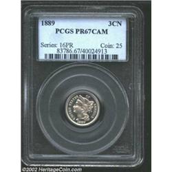 1889 3CN PR67 Cameo PCGS. A magnificent Superb Gem whose snow-white devices have impressive contrast