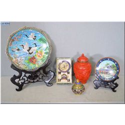 Selection of collectibles including two cloisonn‚ plates with wooden carved stands, tiny cloisonn‚ t