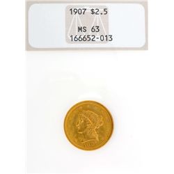 *1907 $2.5 U.S. MS 63 Liberty Head Gold Coin