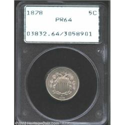 1878 5C PR64 PCGS. A well struck near-Gem that has rich silver-gray patina. There is a vertical line