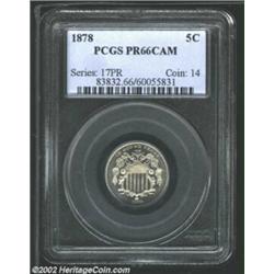 1878 5C PR66 Cameo PCGS. A brilliant Gem that has both reflective and cartwheel luster. Well struck.