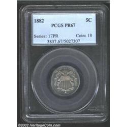 1882 5C PR67 PCGS. Light-orange iridescence shimmers beneath the surfaces of this Superb Gem, which.