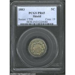 1883 5C PR65 PCGS. This beautiful proof issue boasts lightly frosted devices and spot-free surfaces.