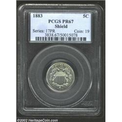 1883 5C PR67 PCGS. This is a Superb example of this final year of the Shield Nickel type. The mintag