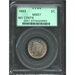 1883 5C No Cents MS67 PCGS. While the No Cents Nickel is one of the most common one-year type coins.