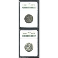 1848 25C AU50 ANACS, medium gray toning is accented with charcoal and steel-blue at the borders; and