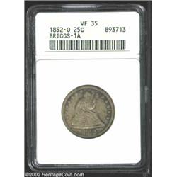 1852-O 25C VF35 ANACS. Briggs 1-A. Deep yellow-gray patina, with darker russet colors at the borders