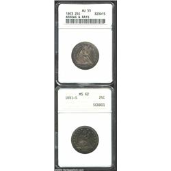 1853 25C Arrows and Rays AU55 ANACS, this original looking example is overlaid in steel-gray and cop