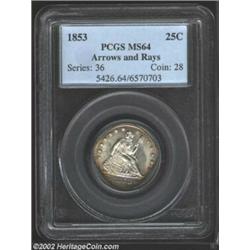 1853 25C Arrows and Rays MS64 PCGS. Fully struck throughout, the surfaces are bright and highly lust