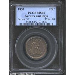 1853 25C Arrows and Rays MS64 PCGS. A high grade type candidate, both sides are expectantly sharp fo