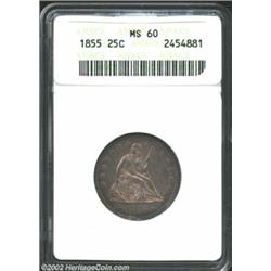 1855 25C Arrows MS60 ANACS. This elegant, chocolate-brown specimen has attractive bright iridescence