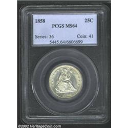 1858 25C MS64 PCGS. A sharply struck and lightly toned near-Gem with good luster and problem-free su