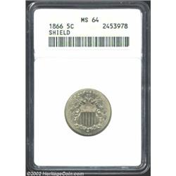 1866 5C Rays MS64 ANACS. Numerous die cracks show on the obverse and reverse. The luster is slightly