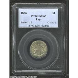 1866 5C Rays MS65 PCGS. Wonderfully preserved with uniform satiny luster and only the most minimal o