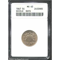 1867 5C Rays MS63 ANACS. Lustrous and unusually well struck for this often weak issue. The only area