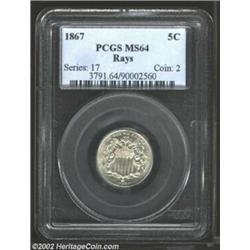 1867 5C Rays MS64 PCGS. While some weakness is seen towards the center of the obverse, the overall l