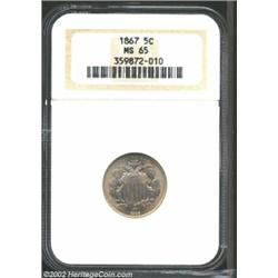 1867 5C No Rays MS65 NGC. Lovely golden coloration and shimmering luster both help compensate for a.