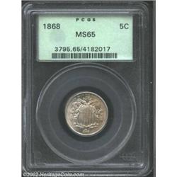 1868 5C MS65 PCGS. Streaky silver-gray patina unobtrusively visits the lustrous and well preserved s