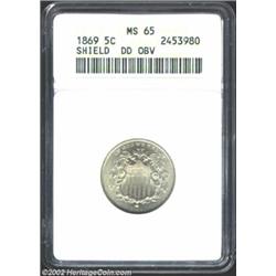 1869 5C MS65 ANACS. Doubled Die Obverse. Minor doubling is noticed on the letters of the motto on th