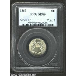 1869 5C MS66 PCGS. A scarce date in this state of preservation, and very desirable as a business str