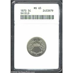 1870 5C MS65 ANACS. Satiny surfaces and a bold strike overall. A no-questions Gem example of this po