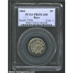 1866 5C Rays PR65 Cameo PCGS. The well known rarity of the proof 1867 Rays Nickel should result in c