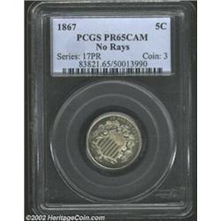 1867 5C No Rays PR65 Cameo PCGS. Second year of issue for the Shield Nickel, the design was modified