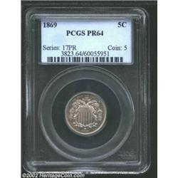 1869 5C PR64 PCGS. Lovely pastel gold and lilac colors appear when the coin is rotated under a light