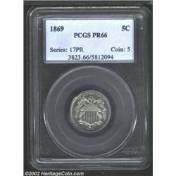 1869 5C PR66 PCGS. The quiet, satiny surfaces are fully struck and display a lovely, light gray-gree