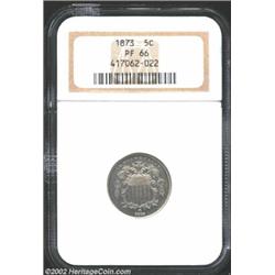 1873 5C PR66 NGC. Both sides are heavily patinated in milky gray hues, the net effect being that the