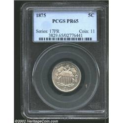 1875 5C PR65 PCGS. A well struck, lightly toned, and virtually pristine Gem. The reverse has a pair.