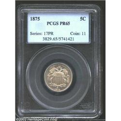 1875 5C PR65 PCGS. A well struck Gem with mildly reflective surfaces and light olive-green patina. T