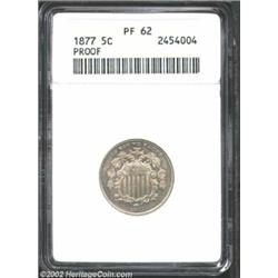 1877 5C PR62 ANACS. Lightly toned surfaces with no mentionable hairlining, but hampered by a few car