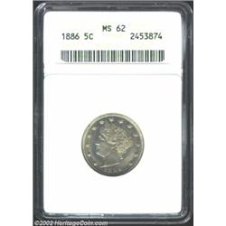 1886 5C MS62 ANACS. Untoned and quite lustrous with some weakness of strike, particularly on the rig