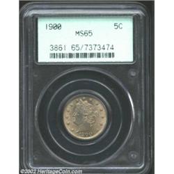 1900 5C MS65 PCGS. A distinguished example with shimmering luster and surfaces bathed in steel-grey.