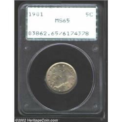 1901 5C MS65 PCGS. A lustrous lilac-gray Gem that is seemingly free from the most trivial contact. T