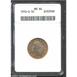 1912-D 5C MS64 ANACS. Pretty sunset-red, golden, and gray-green colorations gradually deepen toward.